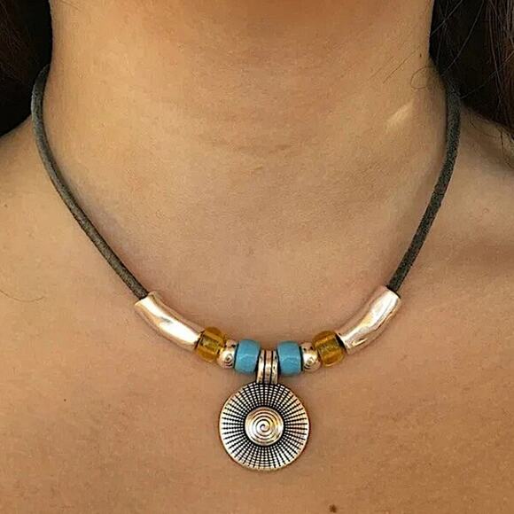Boho Silver Pendant Beaded Necklace, Vintage, Hippy, Gift For Friend